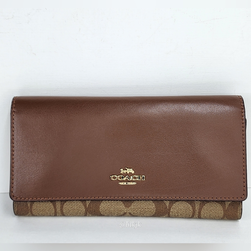 Coach Signature Smooth Leather And Coated Canvas Tri Fold Wallet NWOT *Brown*